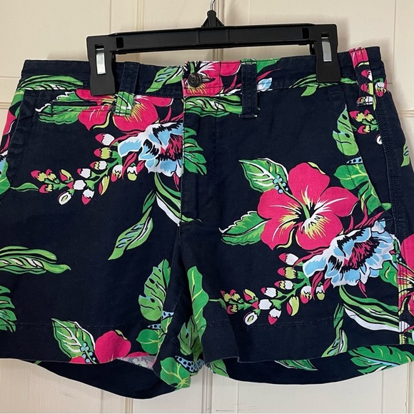 Polo Ralph Lauren Shorts Womens 2 Navy Floral Linen Blend Hibiscus Tropical Fun - Picture 1 of 10